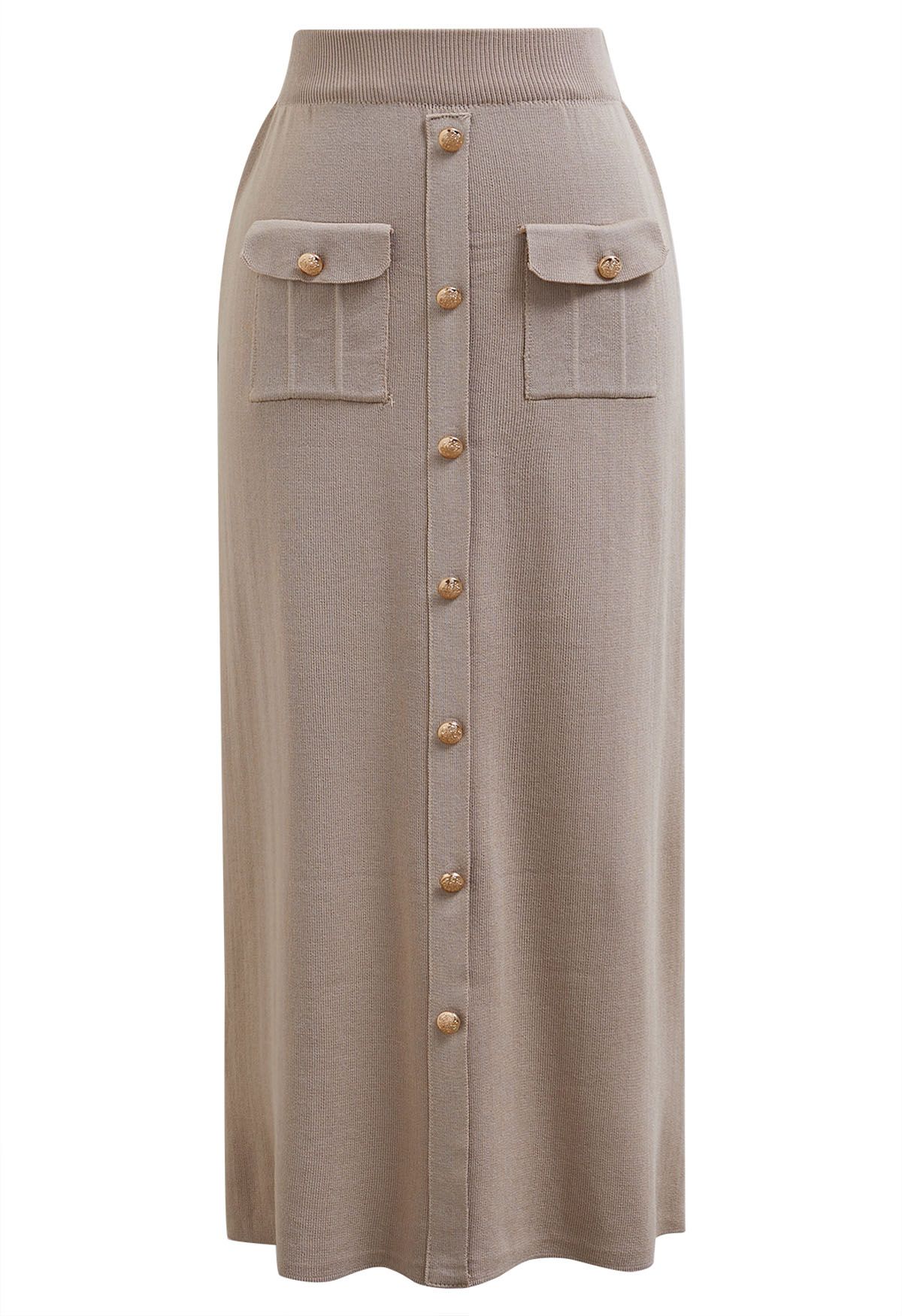 Standout Button Embellished Knit Top and Midi Skirt Set in Taupe