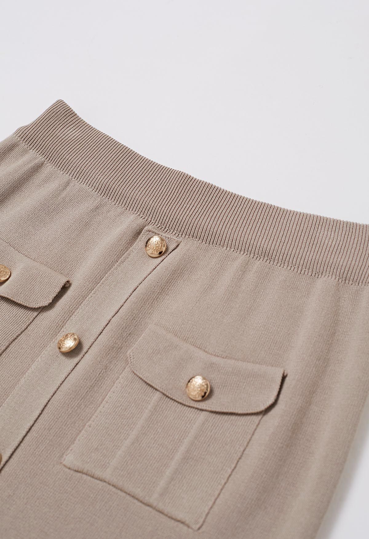Standout Button Embellished Knit Top and Midi Skirt Set in Taupe