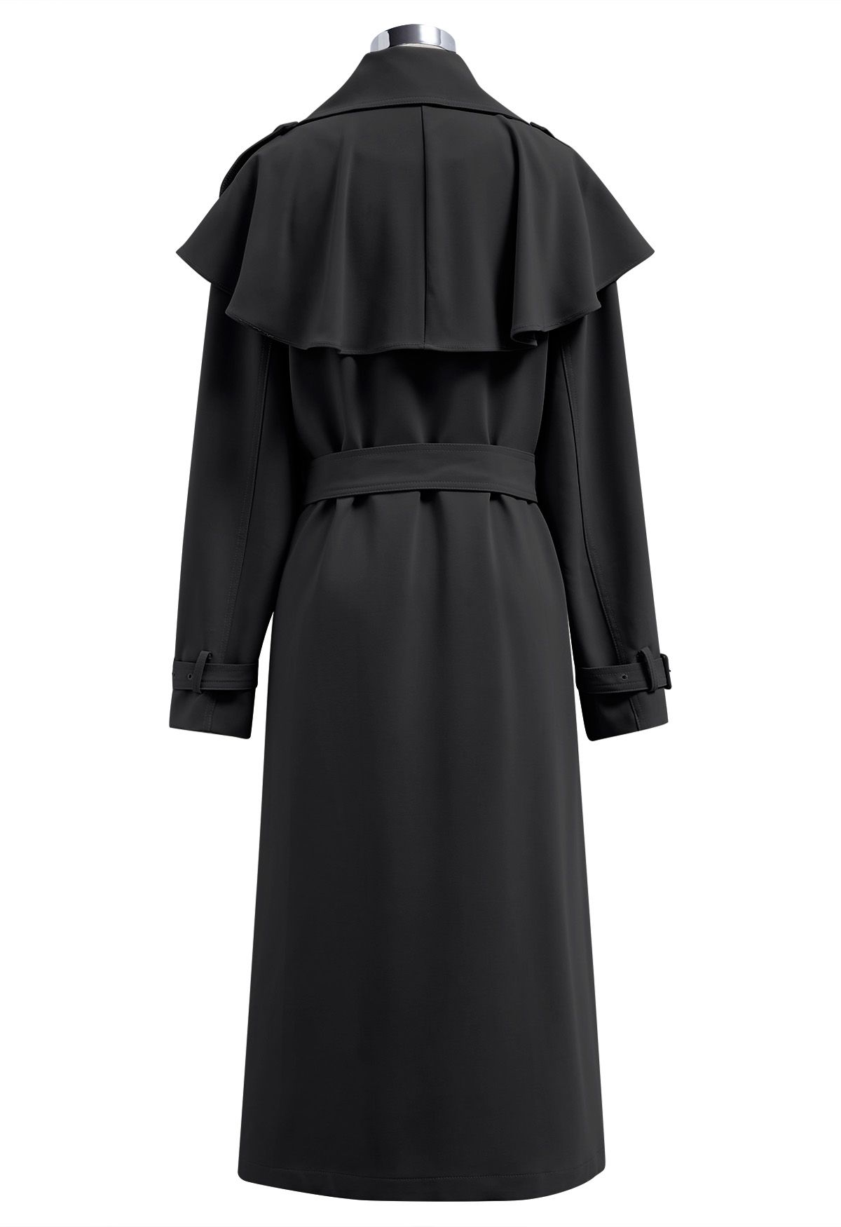 Ruffle Trimmed Belted Double-Breasted Trench Coat in Black