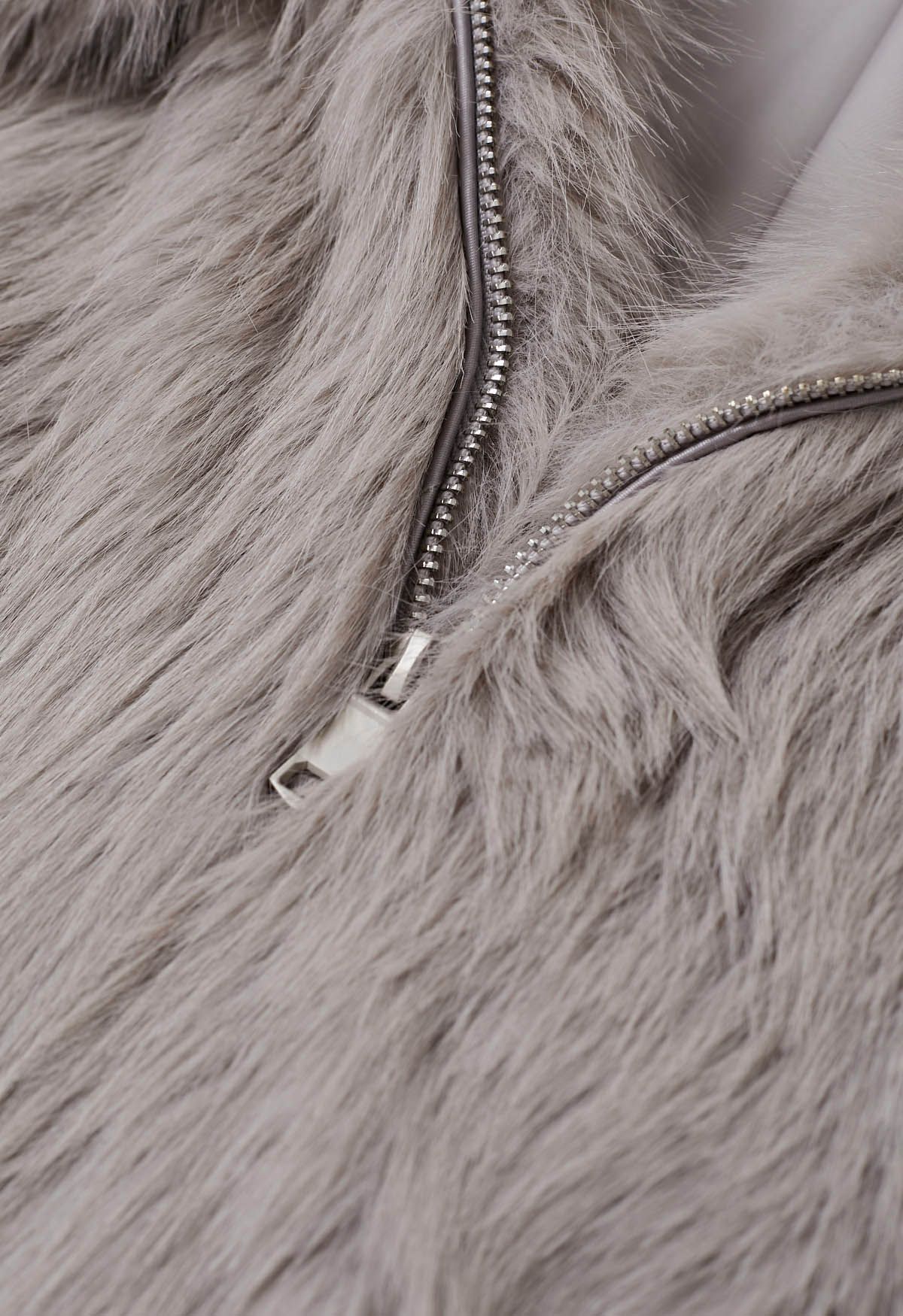 Collared Faux Fur Zip Up Coat in Taupe
