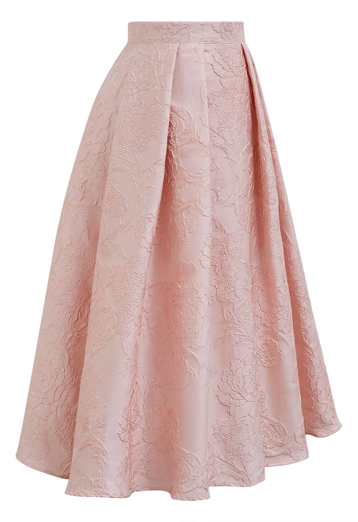Blissful Coral Floral Jacquard Pleated Midi Skirt