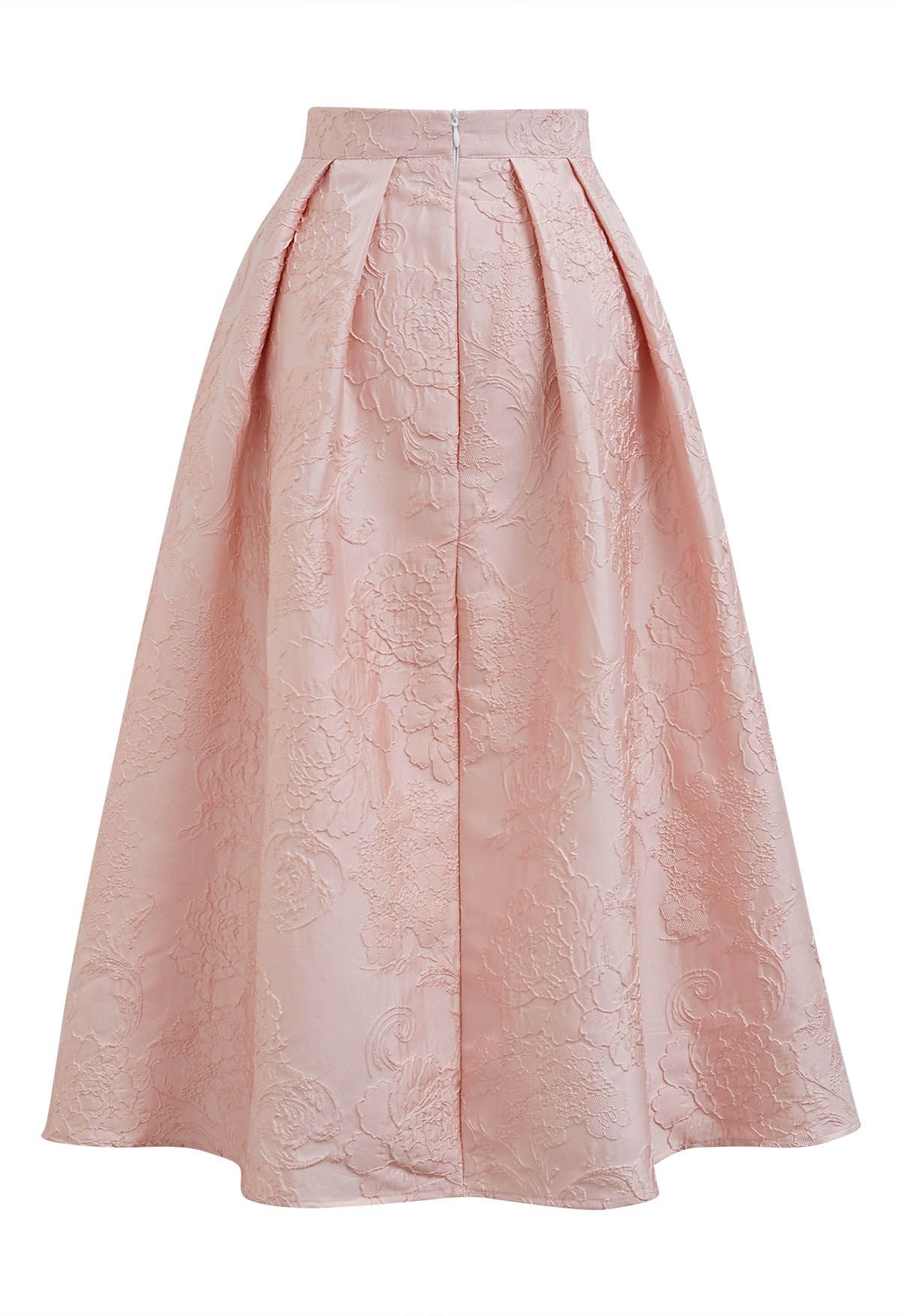 Blissful Coral Floral Jacquard Pleated Midi Skirt