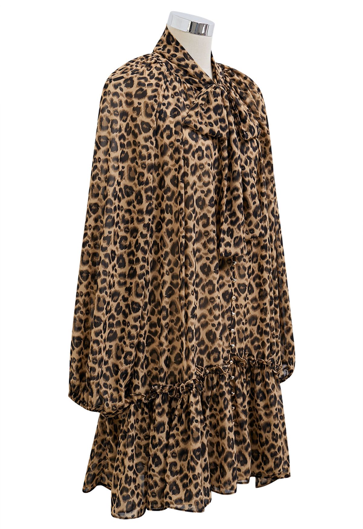 Leopard Print Self-Tie Neckline Chiffon Mini Dress