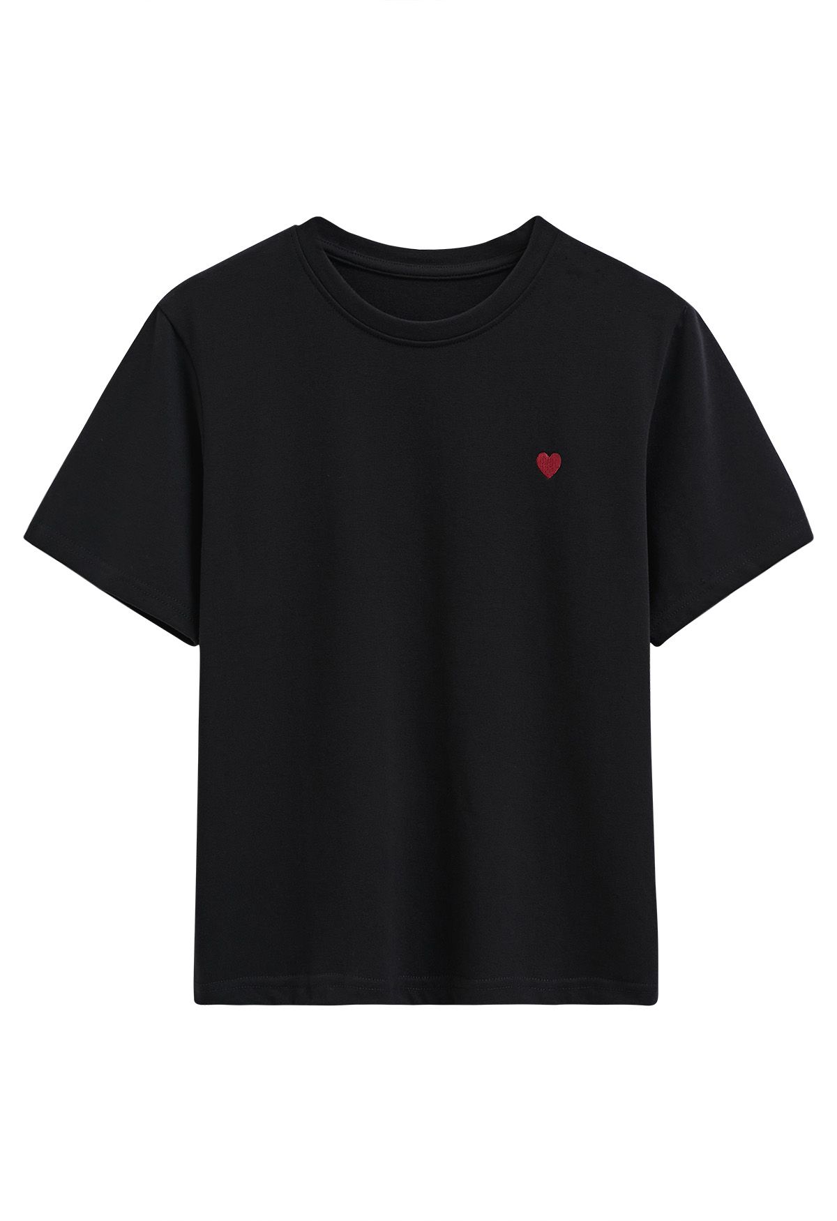 Cute Embroidered Heart Pattern T-Shirt in Black