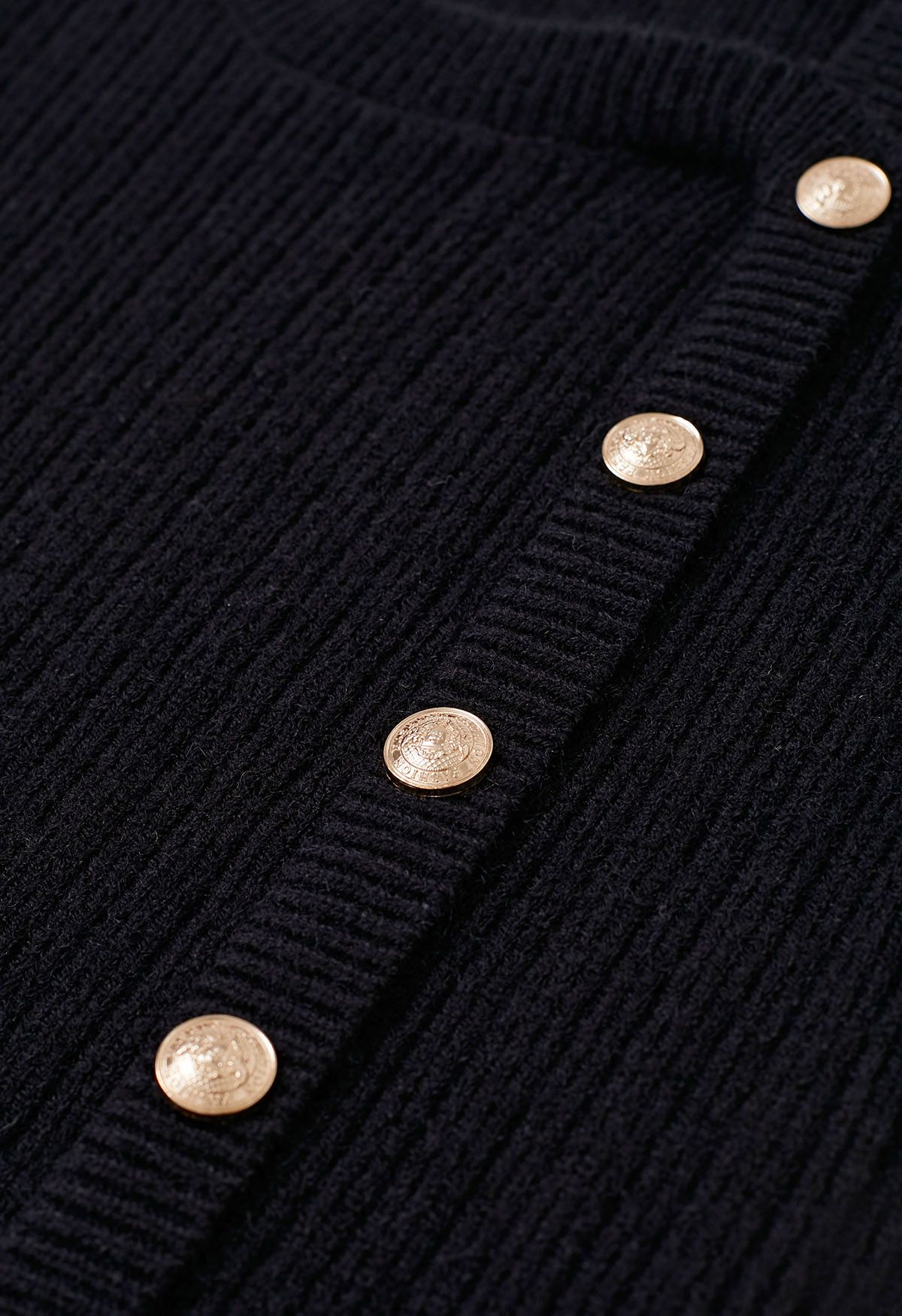 Irregular Golden Button Trim Cropped Knit Top in Black