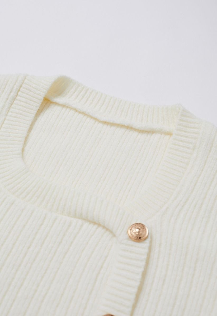 Irregular Golden Button Trim Cropped Knit Top in White