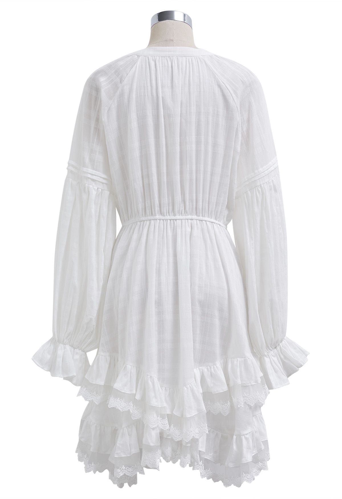 Tiered Ruffle Lace Trim Lantern Sleeves Asymmetric Midi Dress