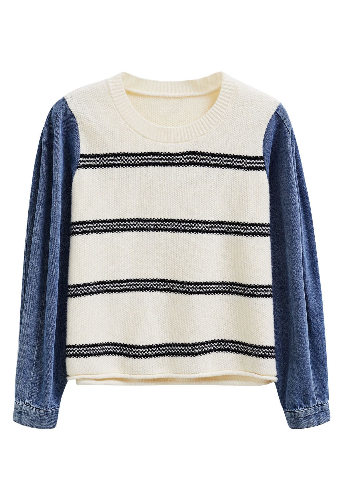Denim Sleeve Spliced Striped Knit Sweater in Cream