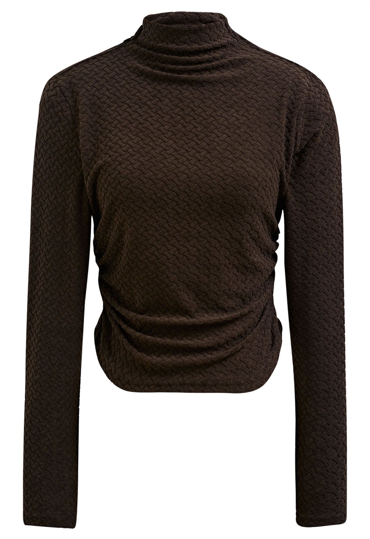 High Neck Textured Ruched Top in Brown