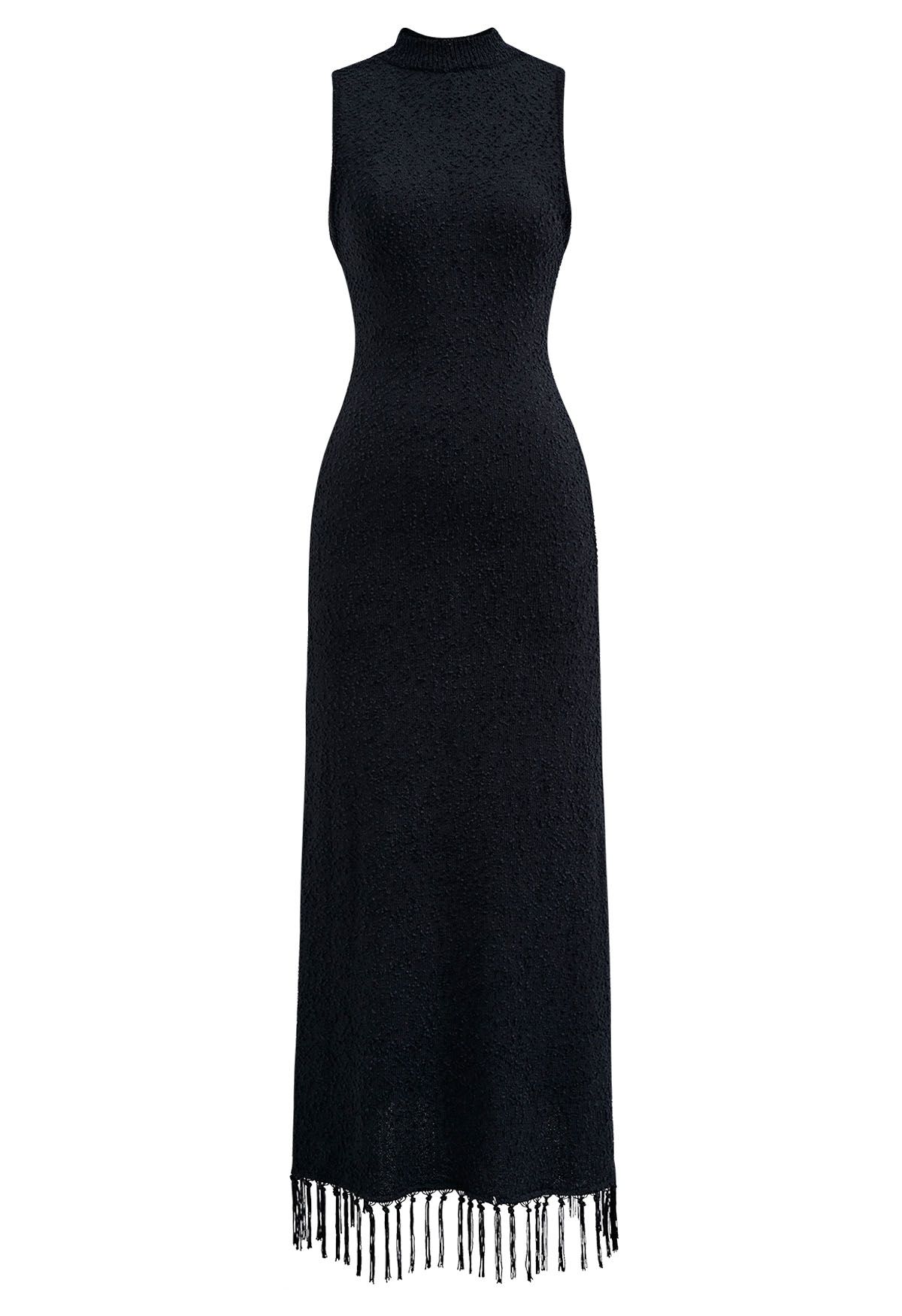 Fringed Texture Knit Sleeveless Maxi Dress in Black