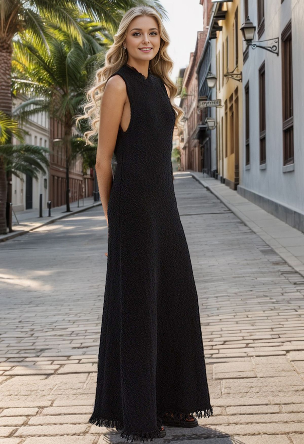 Fringed Texture Knit Sleeveless Maxi Dress in Black