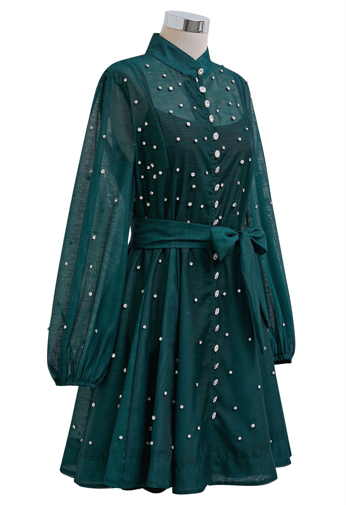 Rhinestone Decor Button Tie-Sash Organza Dress in Dark Green