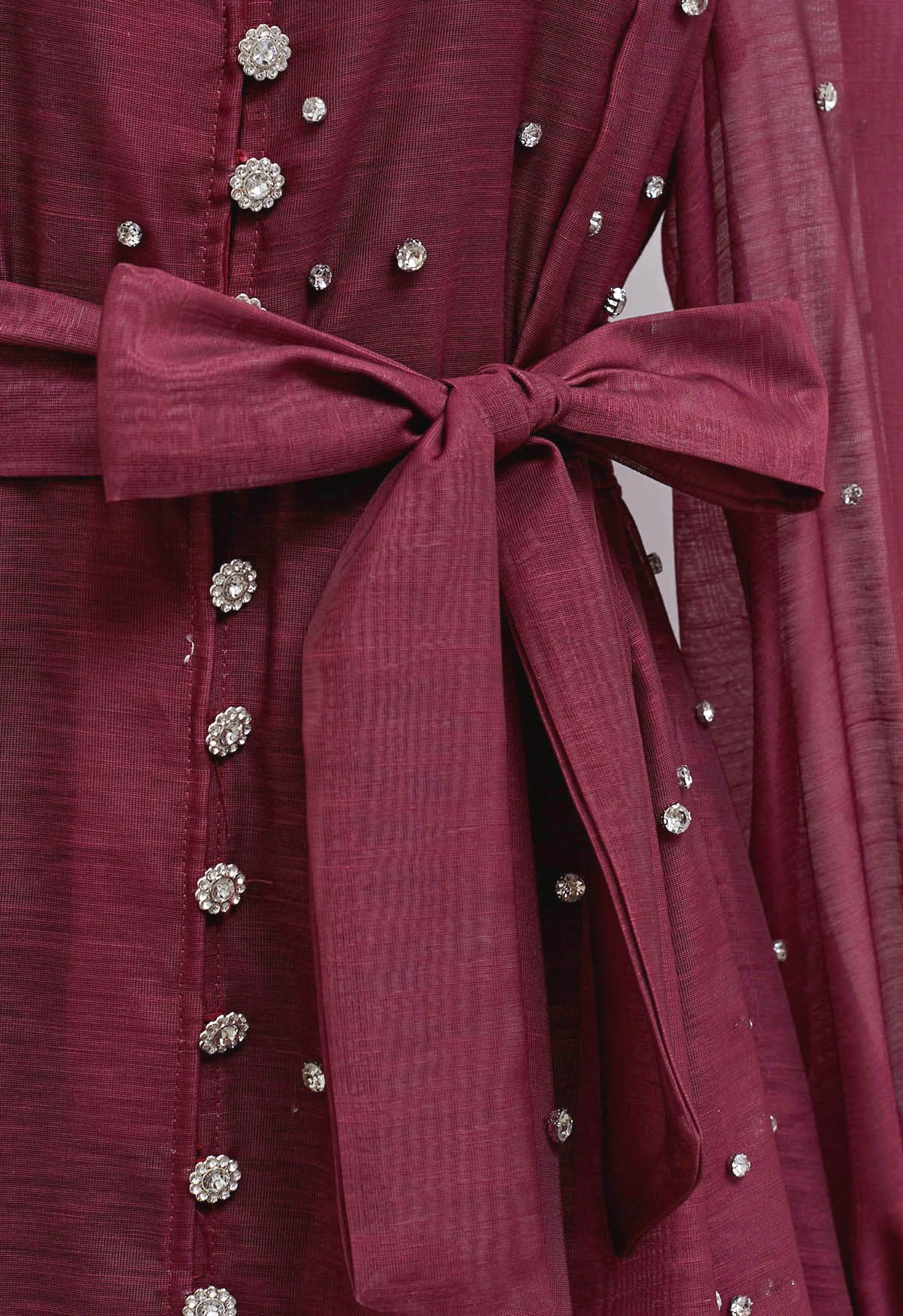 Rhinestone Decor Button Tie-Sash Organza Dress in Burgundy