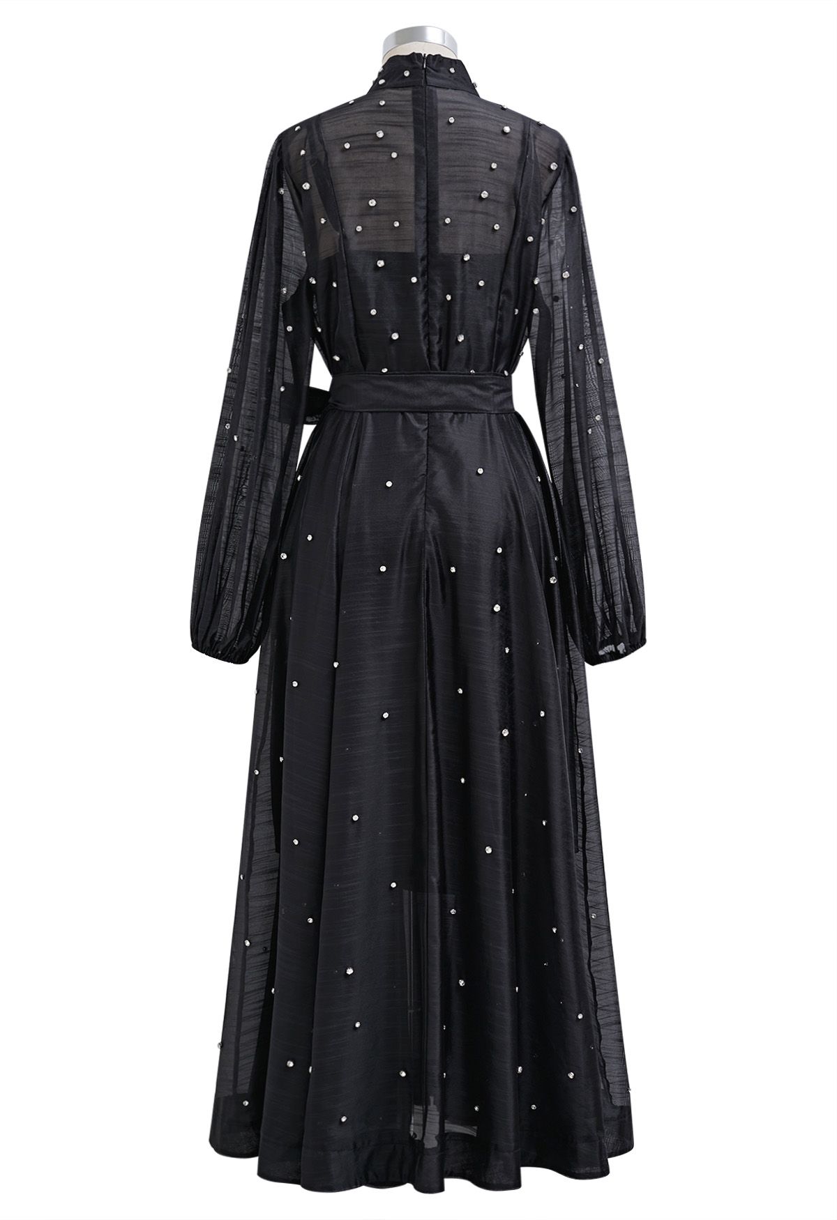 Rhinestone Decor Button Tie-Sash Organza Maxi Dress in Black