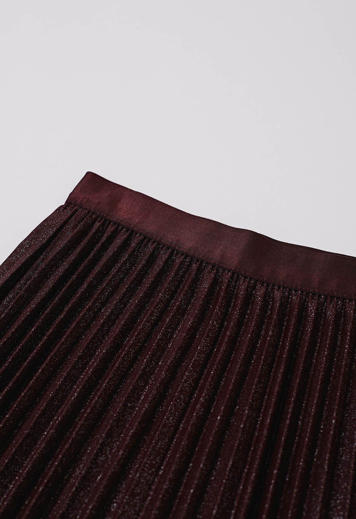 Glimmer Accordion Pleated Maxi Skirt in Burgundy