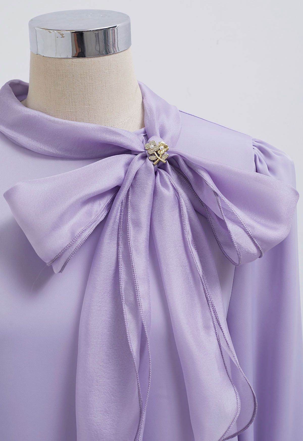 Self-Tie Bowknot Floral Brooch Satin Shirt in Lavender