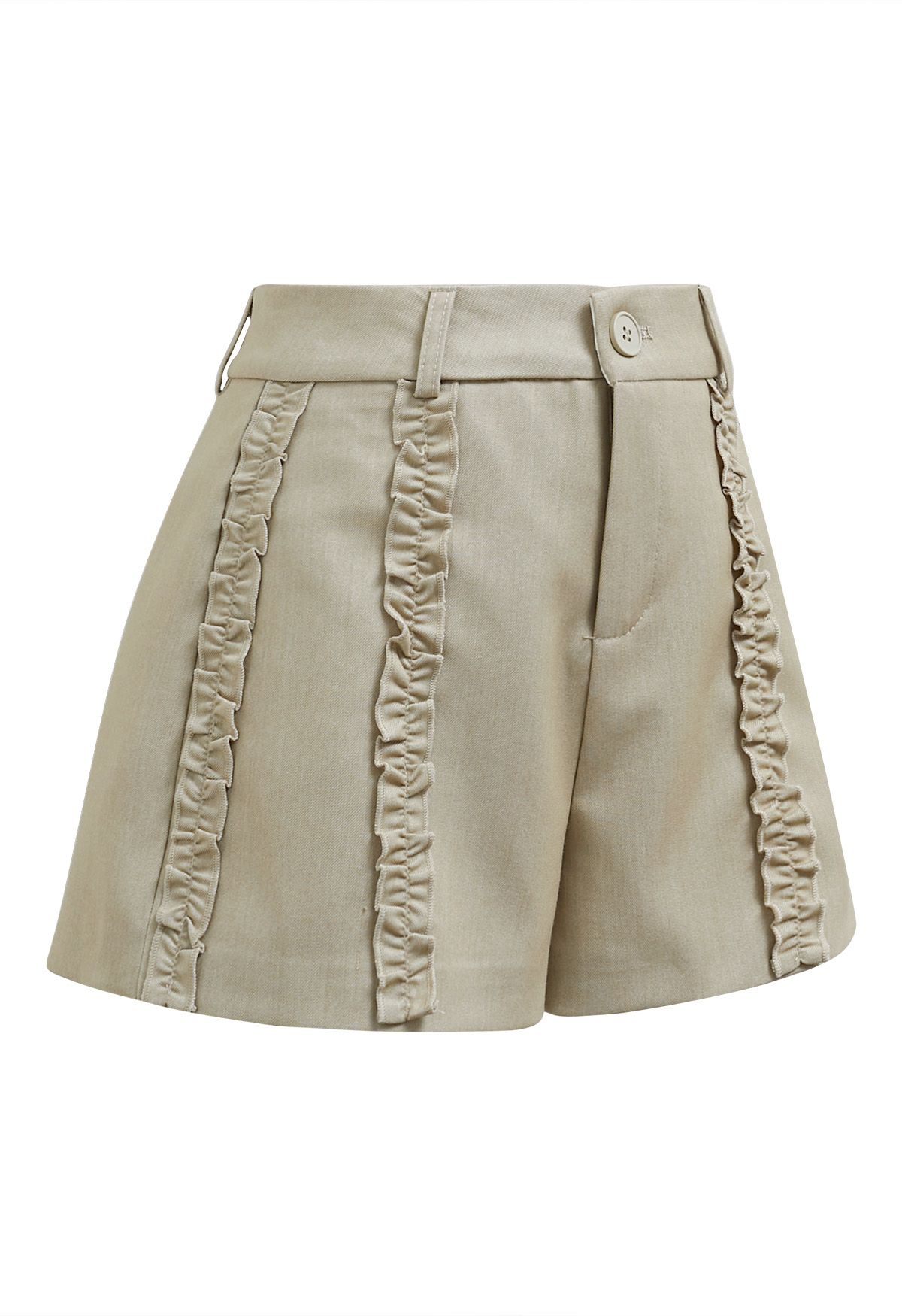 Leisurely Ruffled Trim Buttoned Shorts in Pea Green