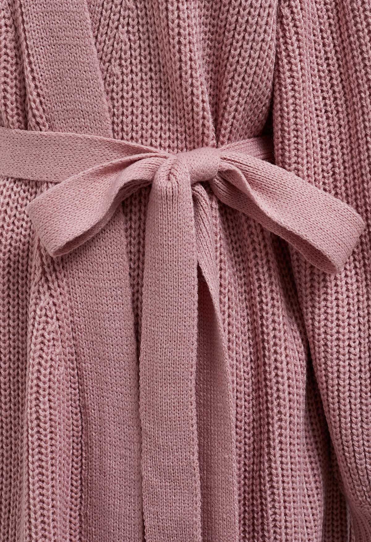 Lantern Sleeve Belted Wrap Cardigan in Pink