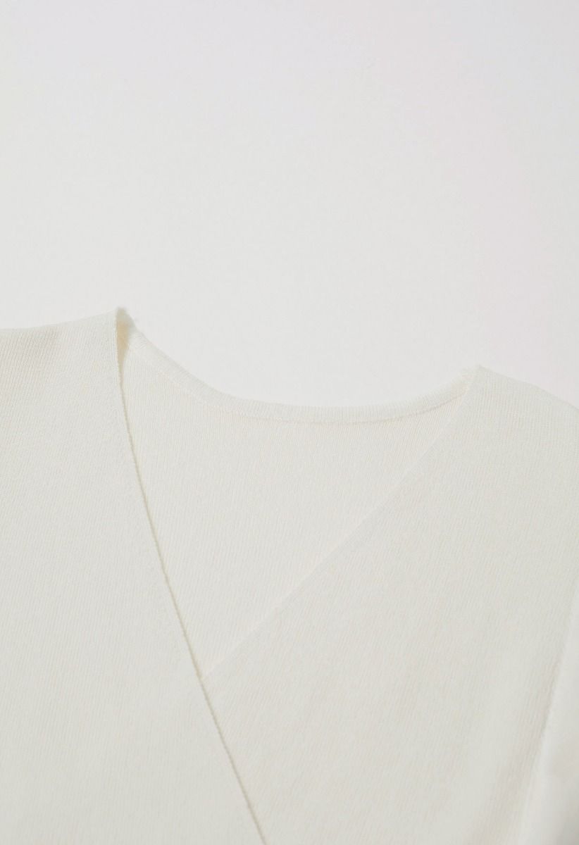 Organza Spliced Sleeveless Faux Wrap Knit Top in Ivory