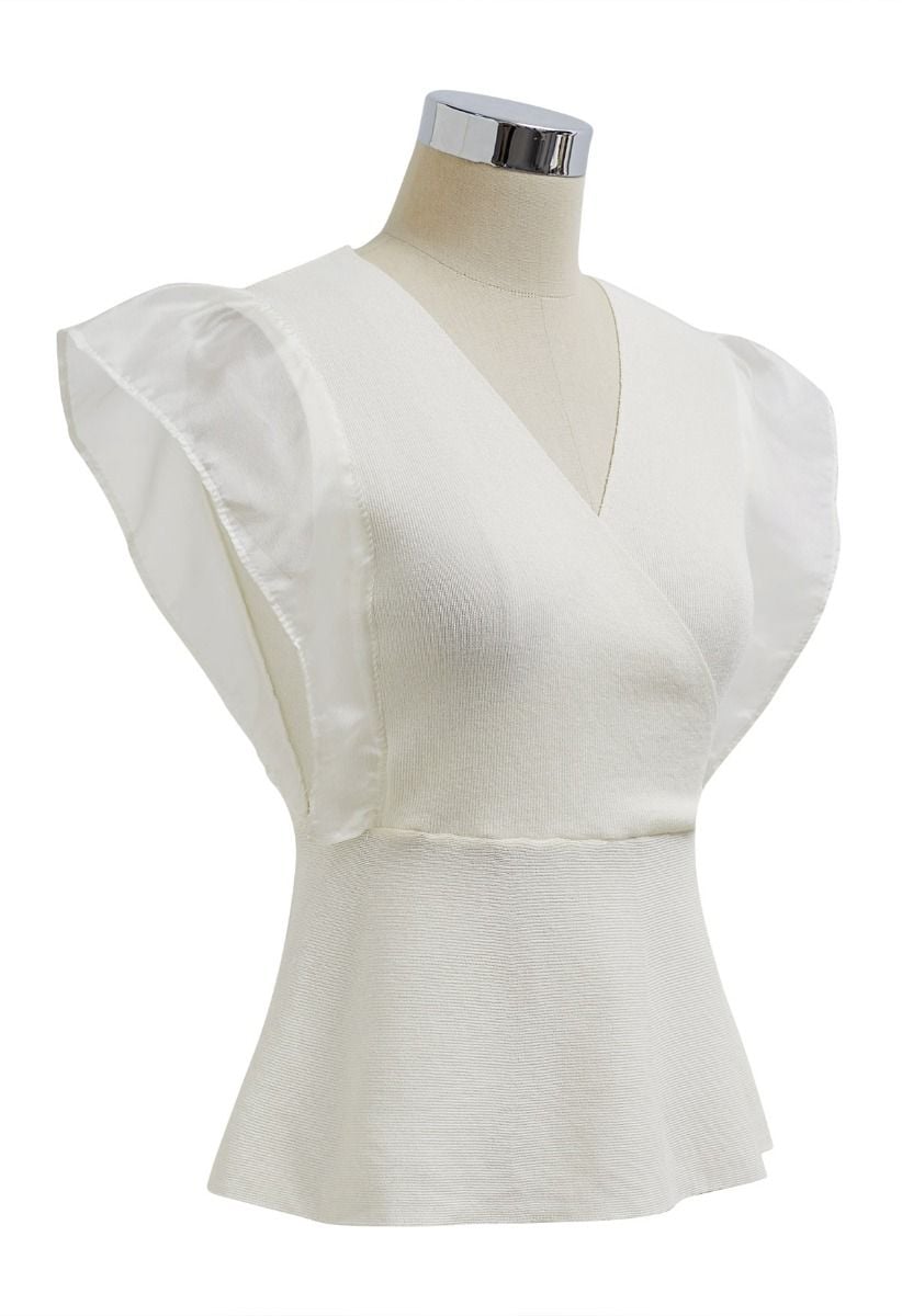 Organza Spliced Sleeveless Faux Wrap Knit Top in Ivory