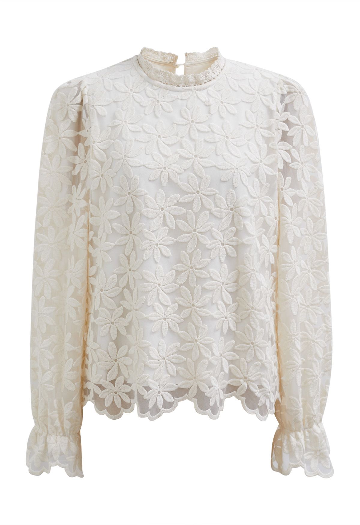 Lace Daisy Embroidered Sheer Sleeve Top