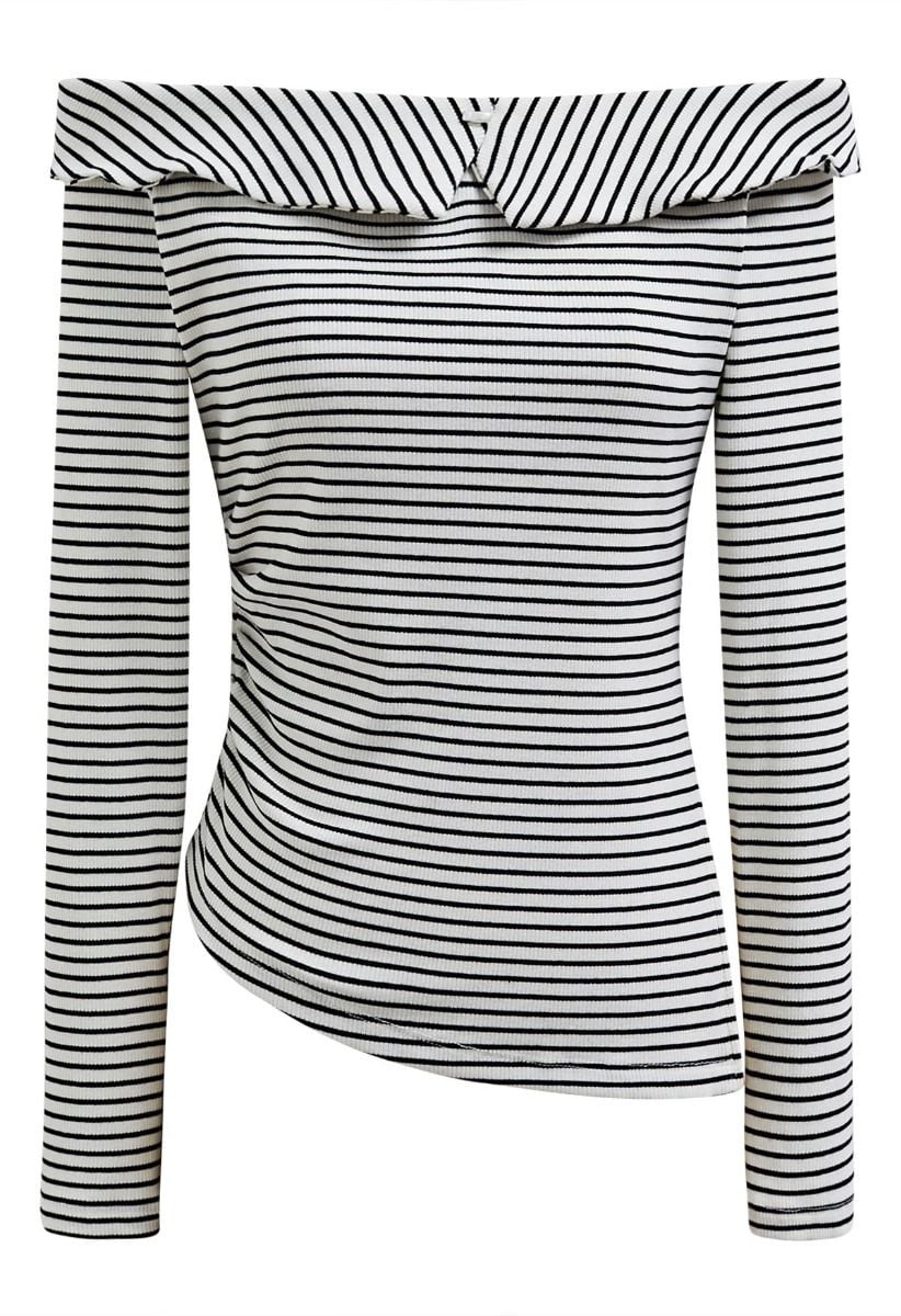 Flap Off-Shoulder Asymmetric Ruched Top in Stripe