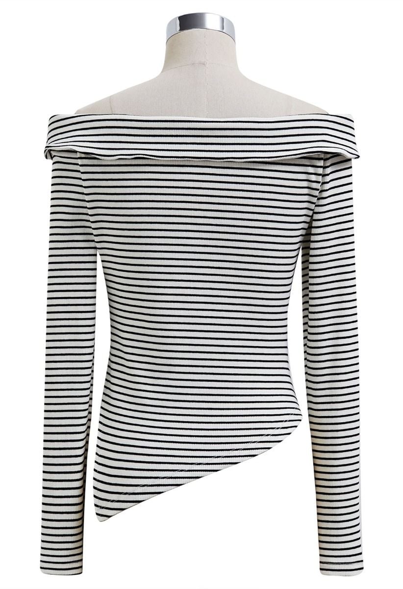 Flap Off-Shoulder Asymmetric Ruched Top in Stripe