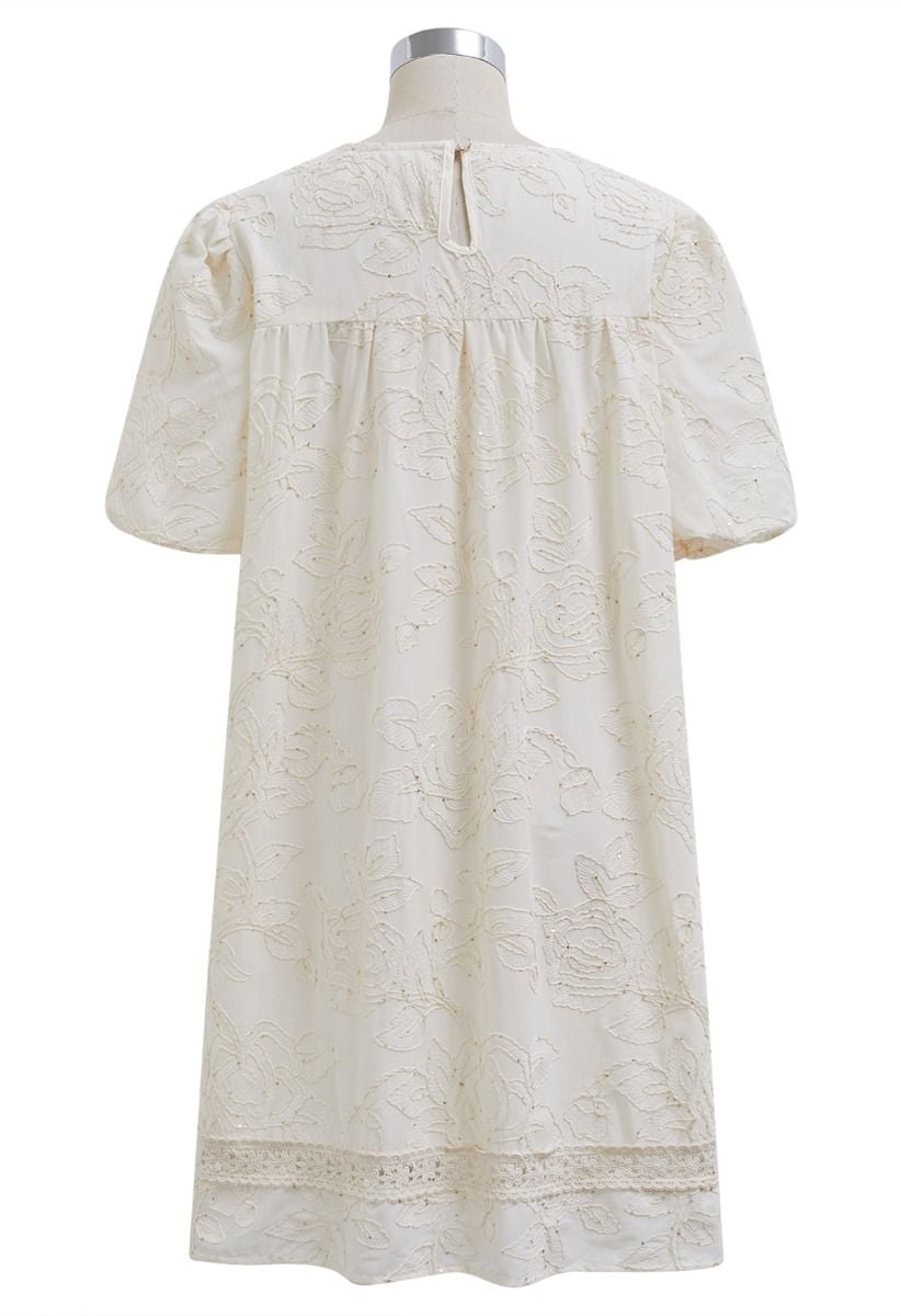 Sequins Trim Floral Embroidered Dolly Dress in Cream