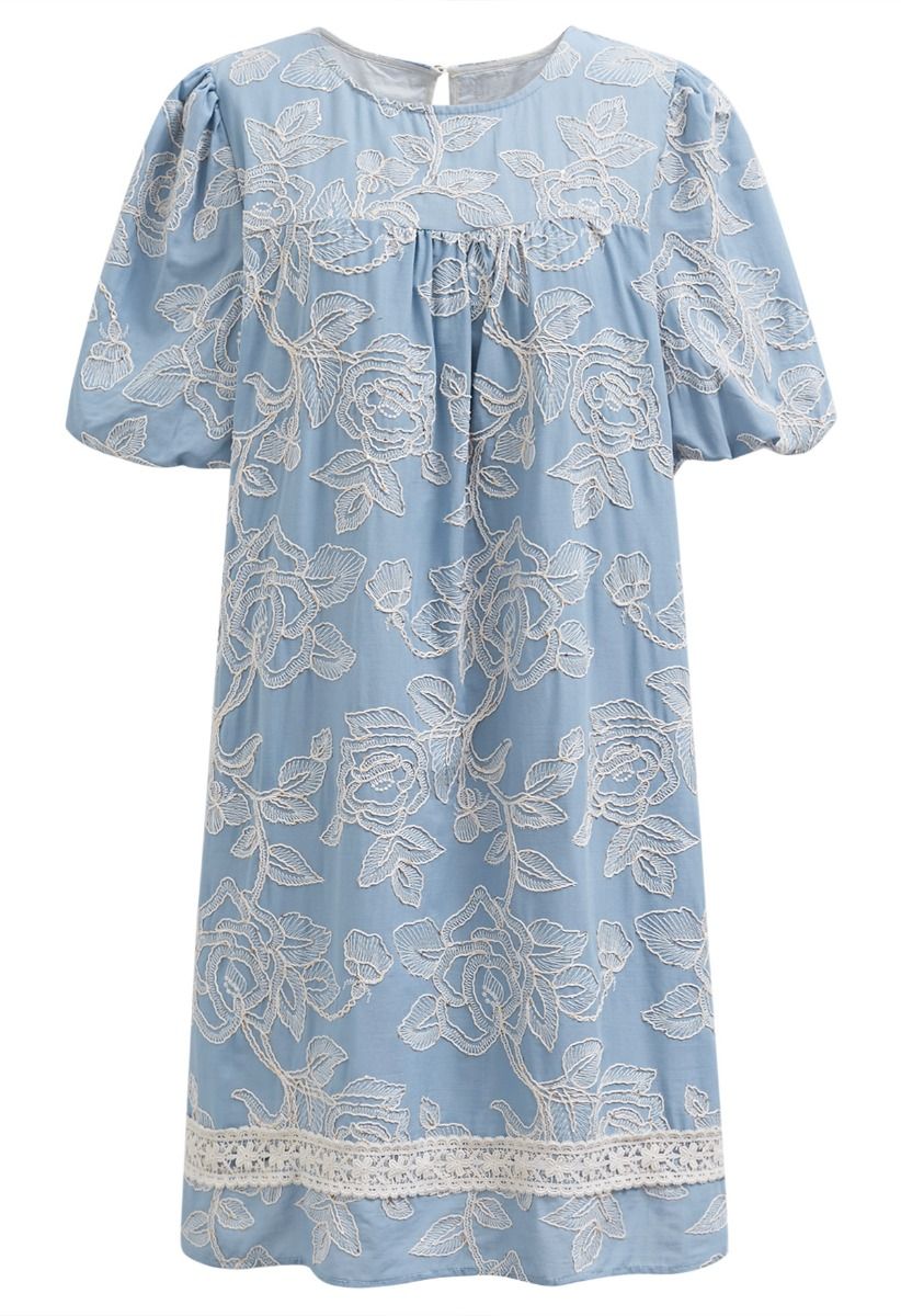 Sequins Trim Floral Embroidered Dolly Dress in Light Blue