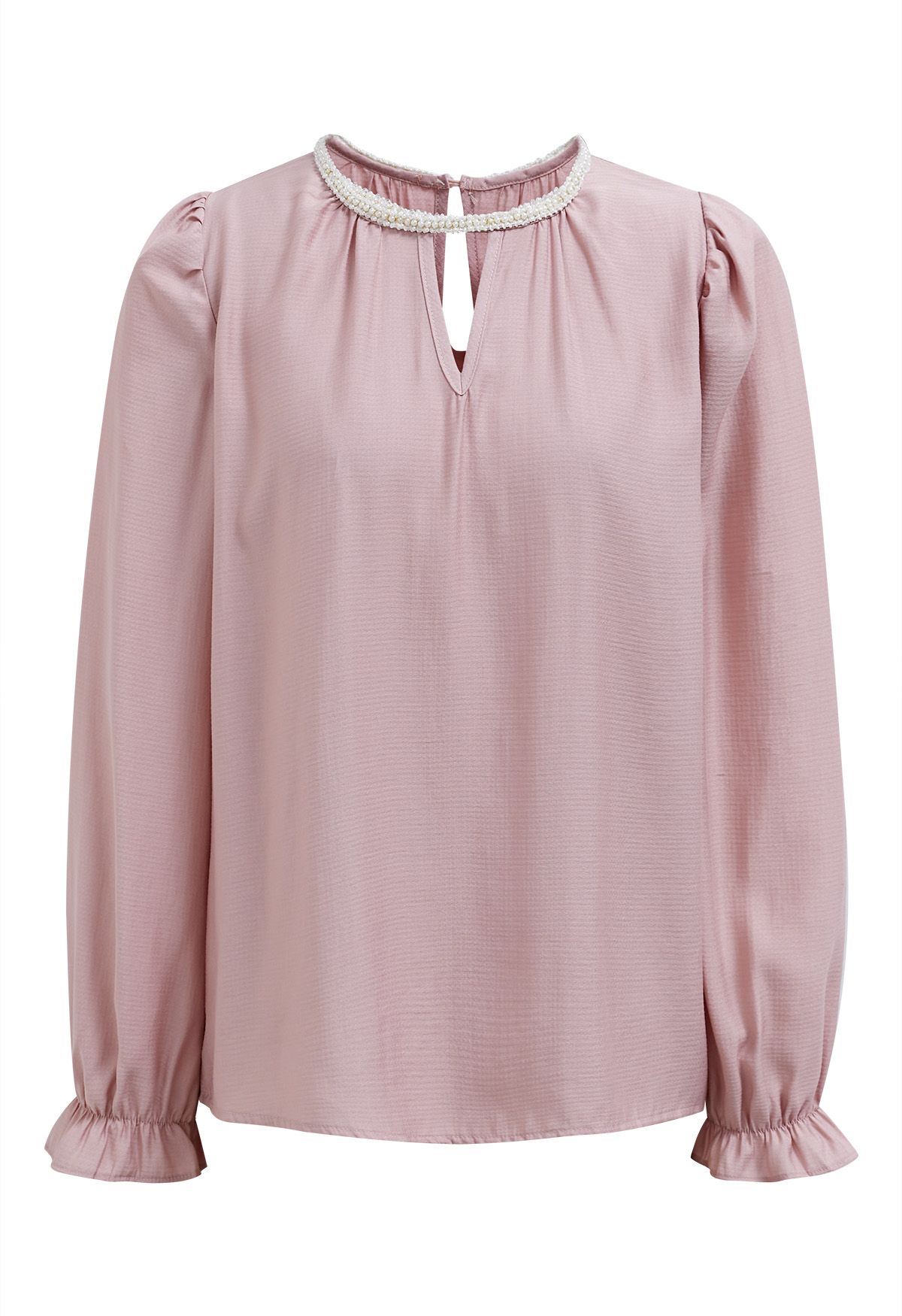 Pearl Neck V-Shape Cutout Top in Pink