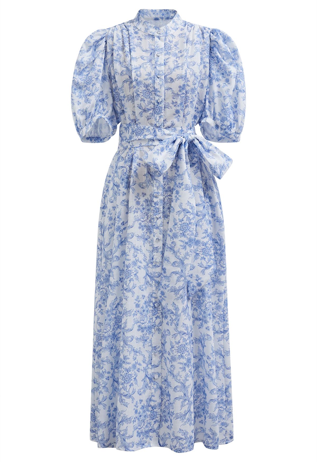 Floral Vine Printed Bubble Sleeve Buttoned Cotton Dress in Light Blue