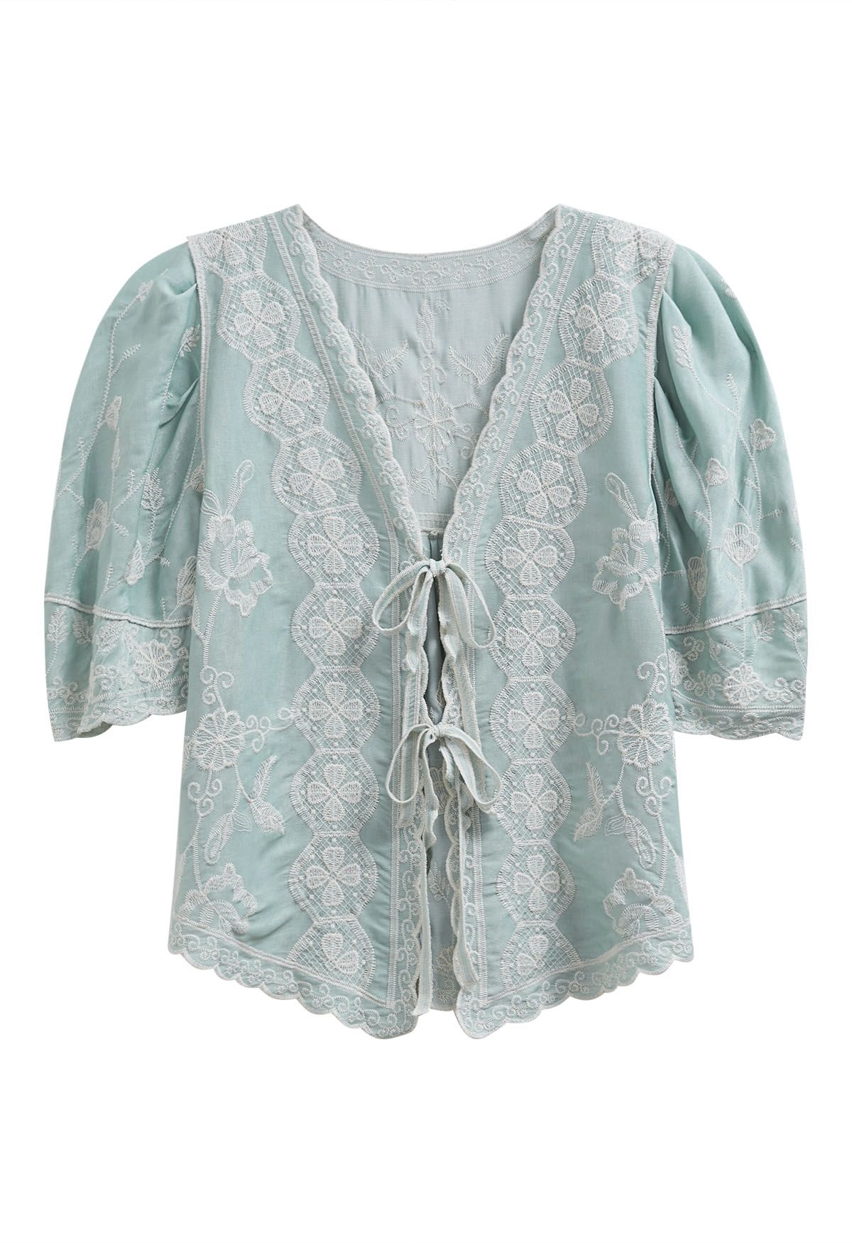 Lace Up Floral Embroidery Cotton Top in Mint