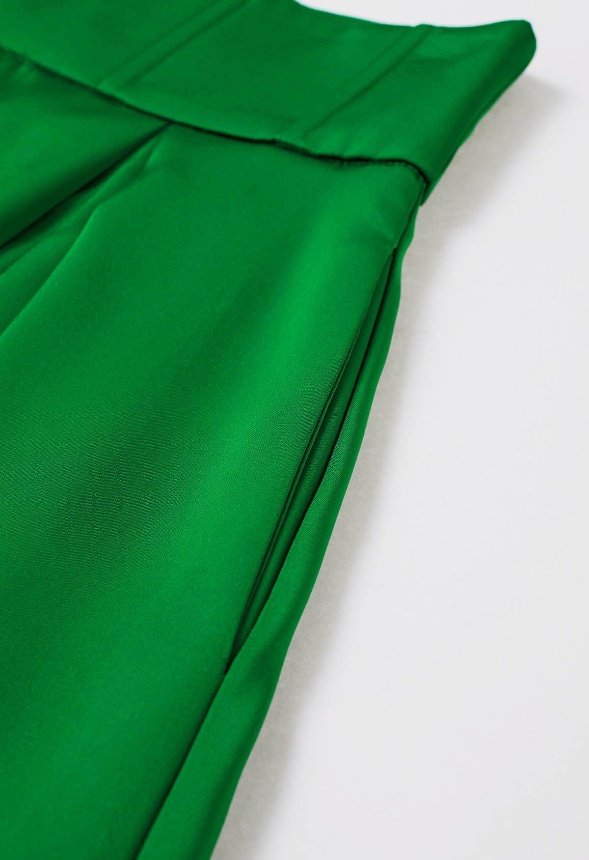 High-Slit Seamed Waist Pleated Satin Maxi Skirt in Green