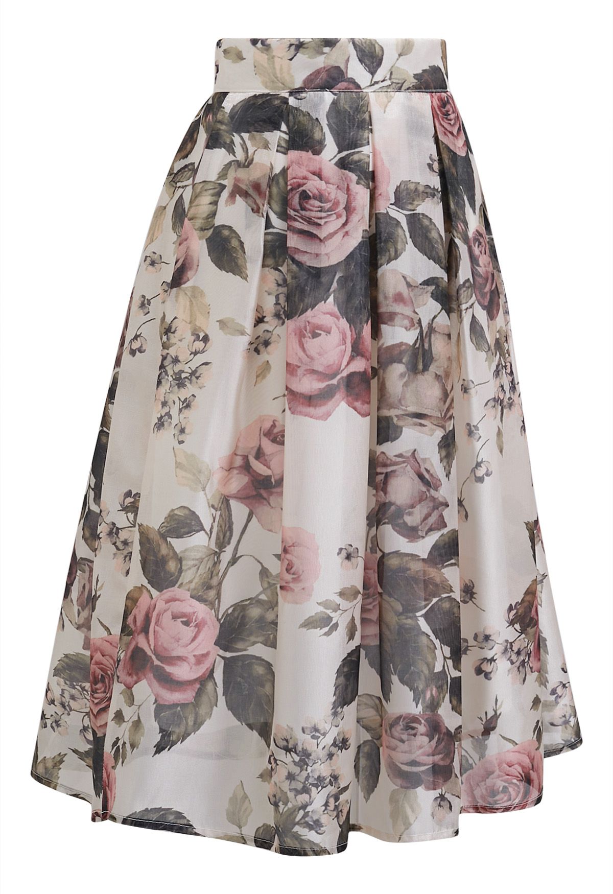 Serene Pink Rose Metallic Organza A-Line Midi Skirt