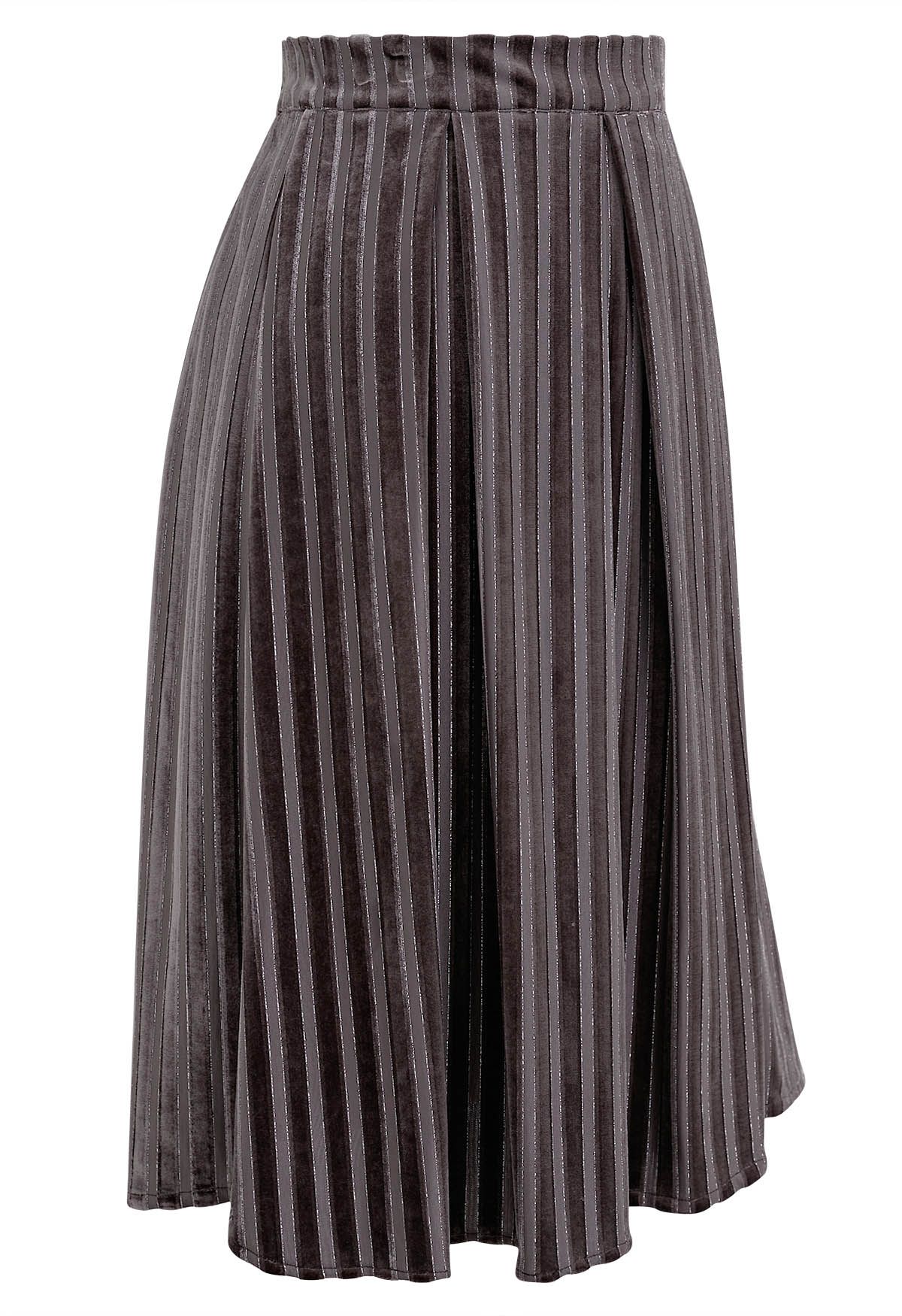 Shimmer Striped Pleated Velvet Midi Skirt in Brown