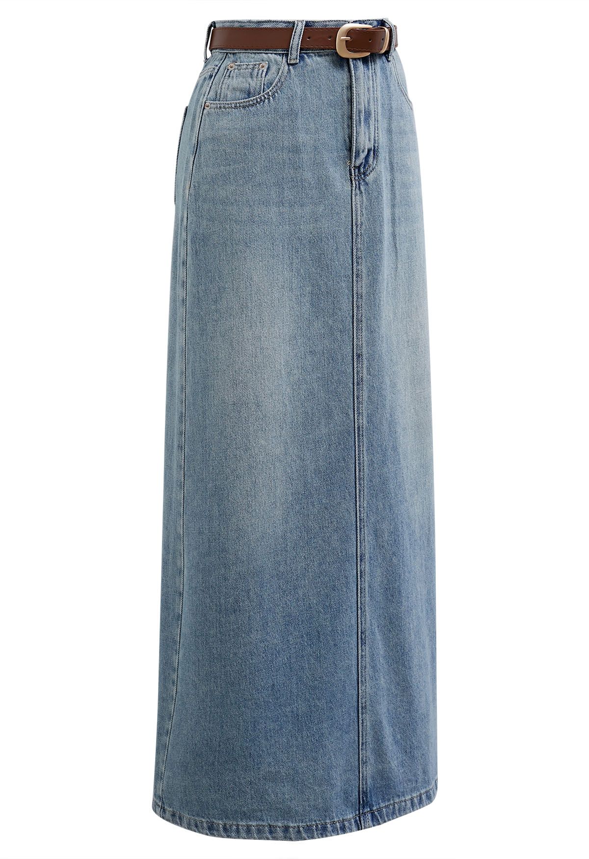 Slit Back Belted Denim Maxi Skirt in Blue