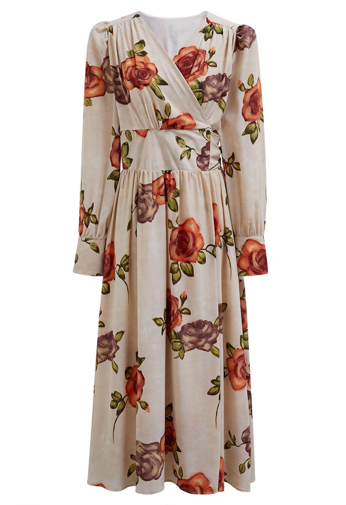 Vintage Rose Print Wrap Midi Dress