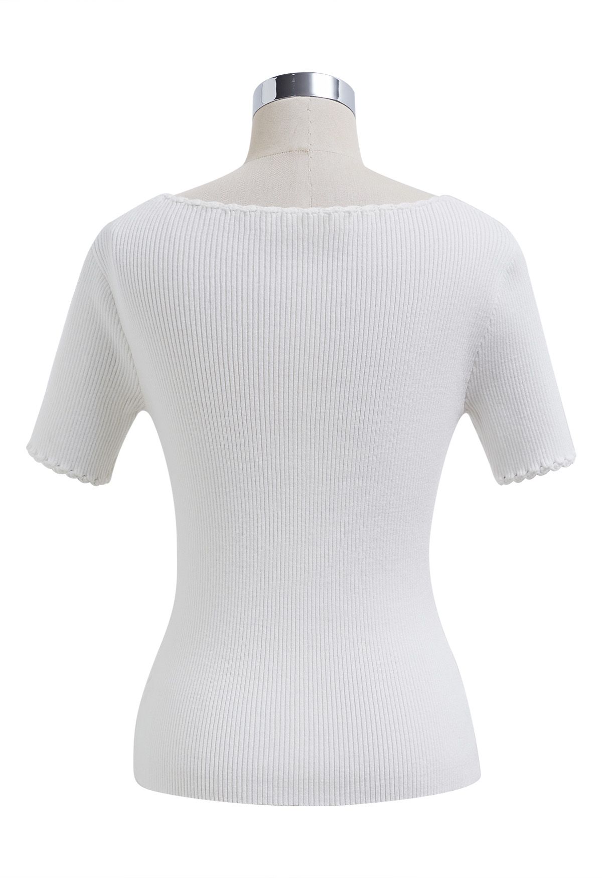 Scalloped Edge Square Neck Short Sleeve Knit Top in White