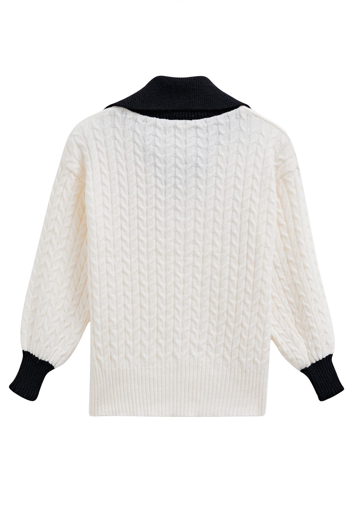 Contrast Flap Collar Cable Knit Sweater in Ivory