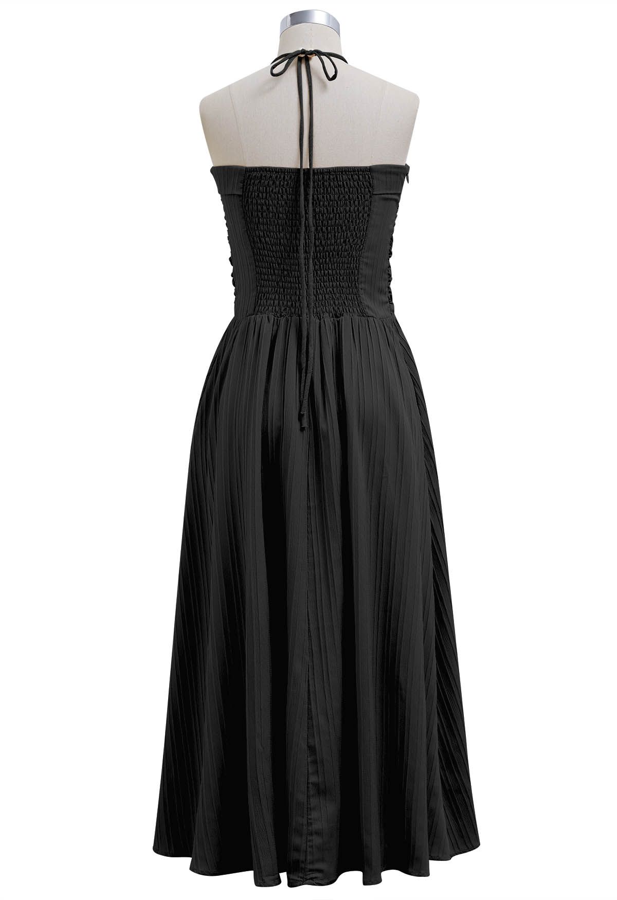 Halter Neck Shirred Back Midi Dress in Black