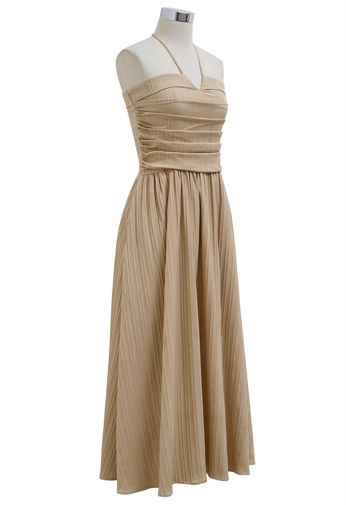 Halter Neck Shirred Back Midi Dress in Light Tan