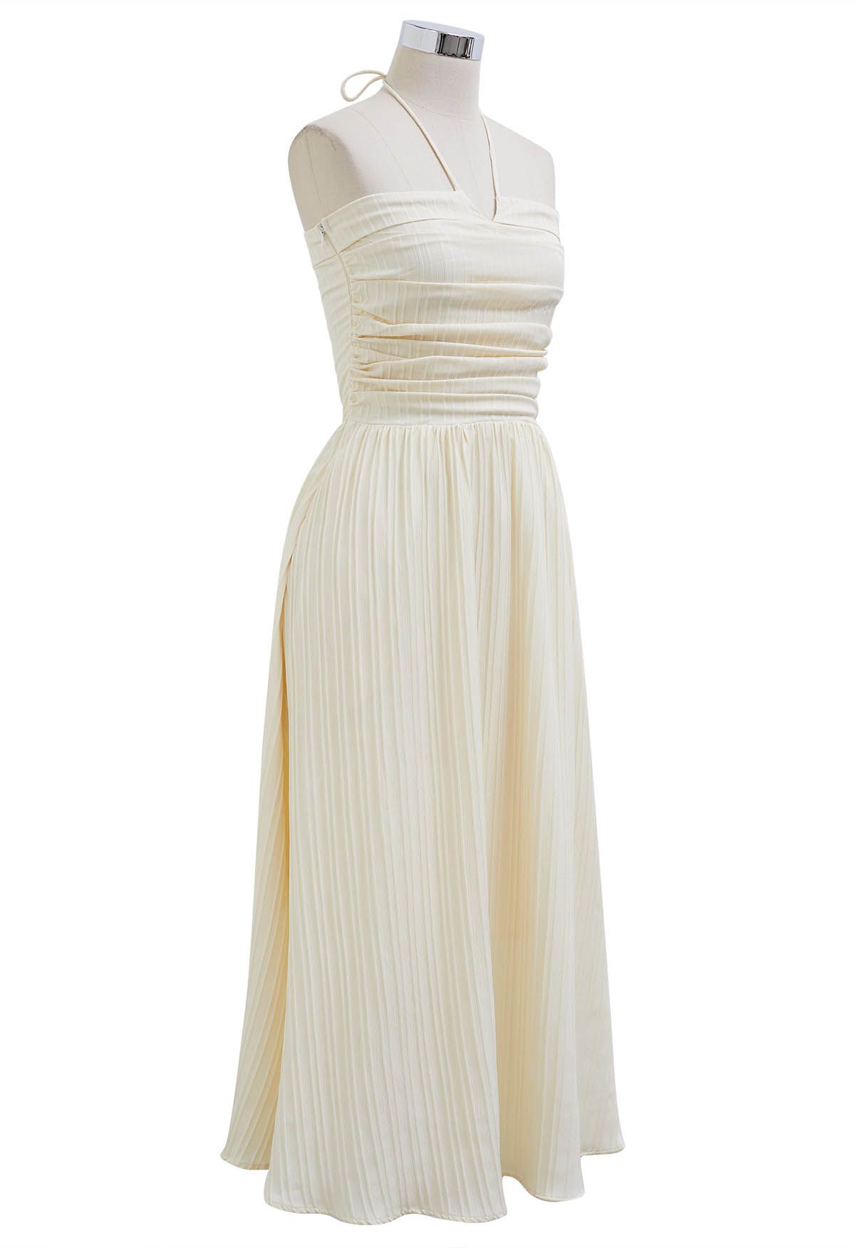 Halter Neck Shirred Back Midi Dress in Cream