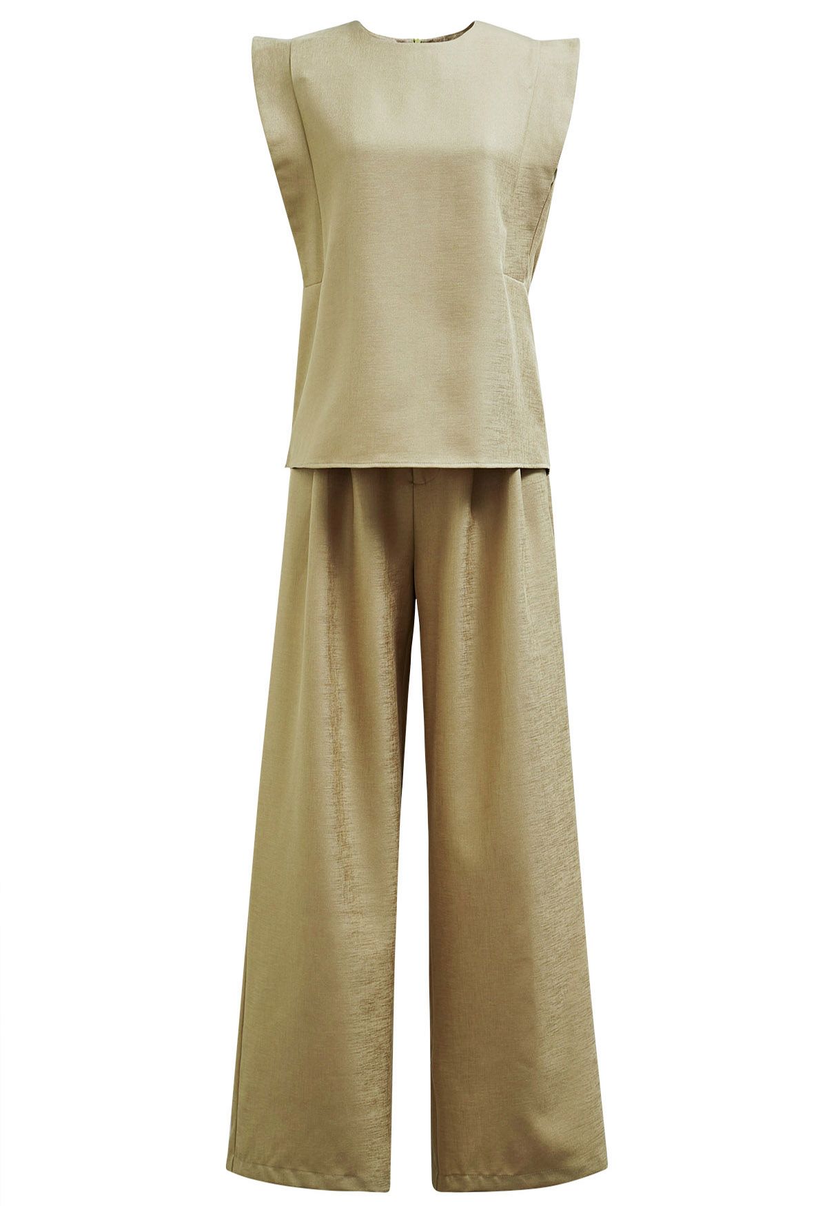 Chic Sleeveless Top and Flowy Wide-Leg Pants Set in Khaki