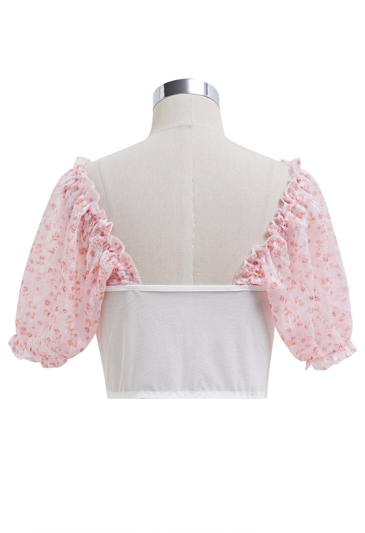Bubble Sleeve Floret Lace Bustier Crop Top in Pink