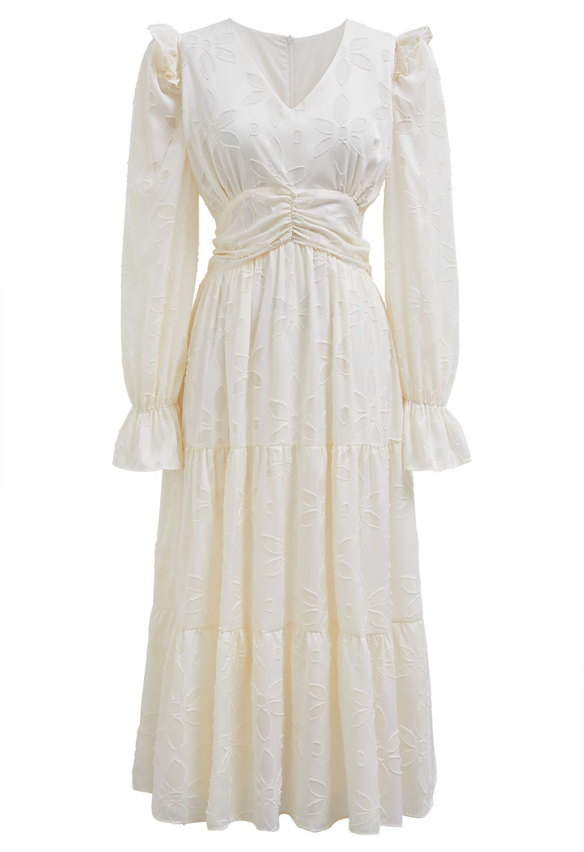 Burnout Floral Ruched Waist Chiffon Midi Dress in Cream
