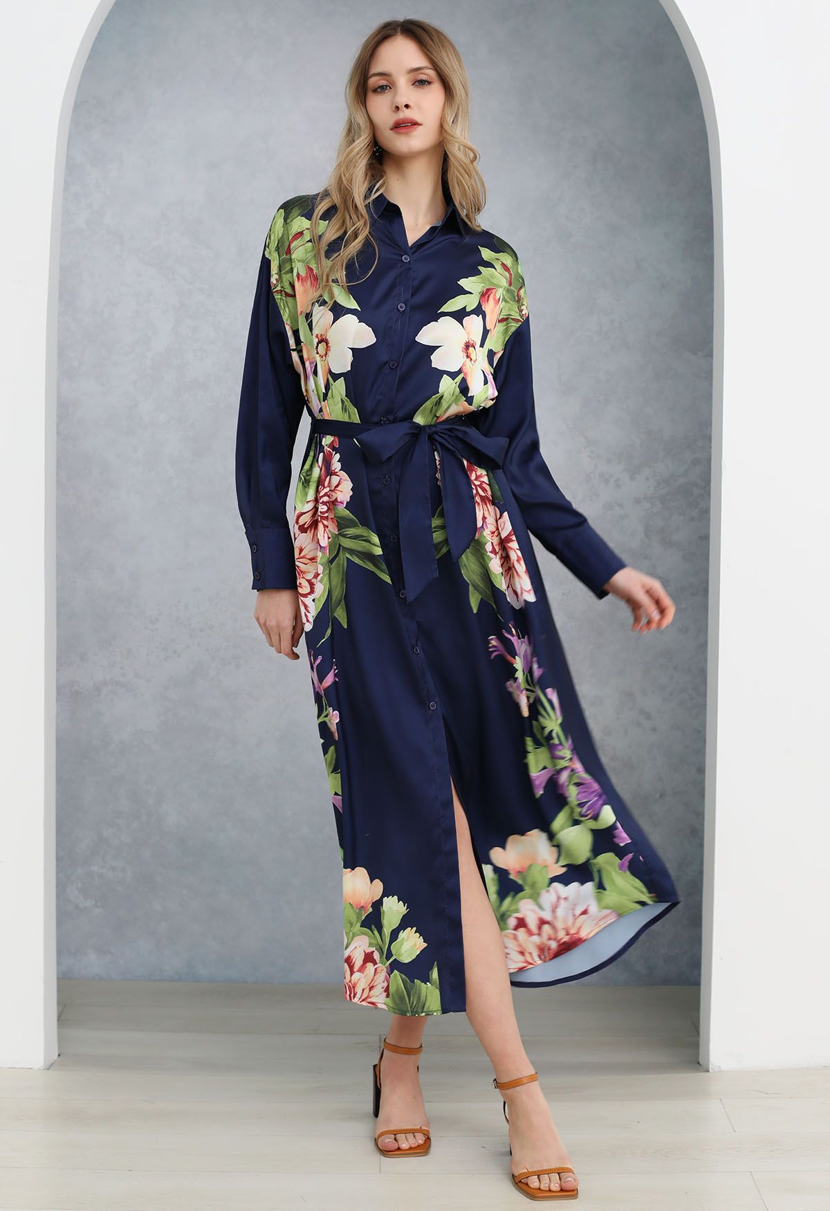 Enchanting Blossom Printed Shirt Dress in Navy