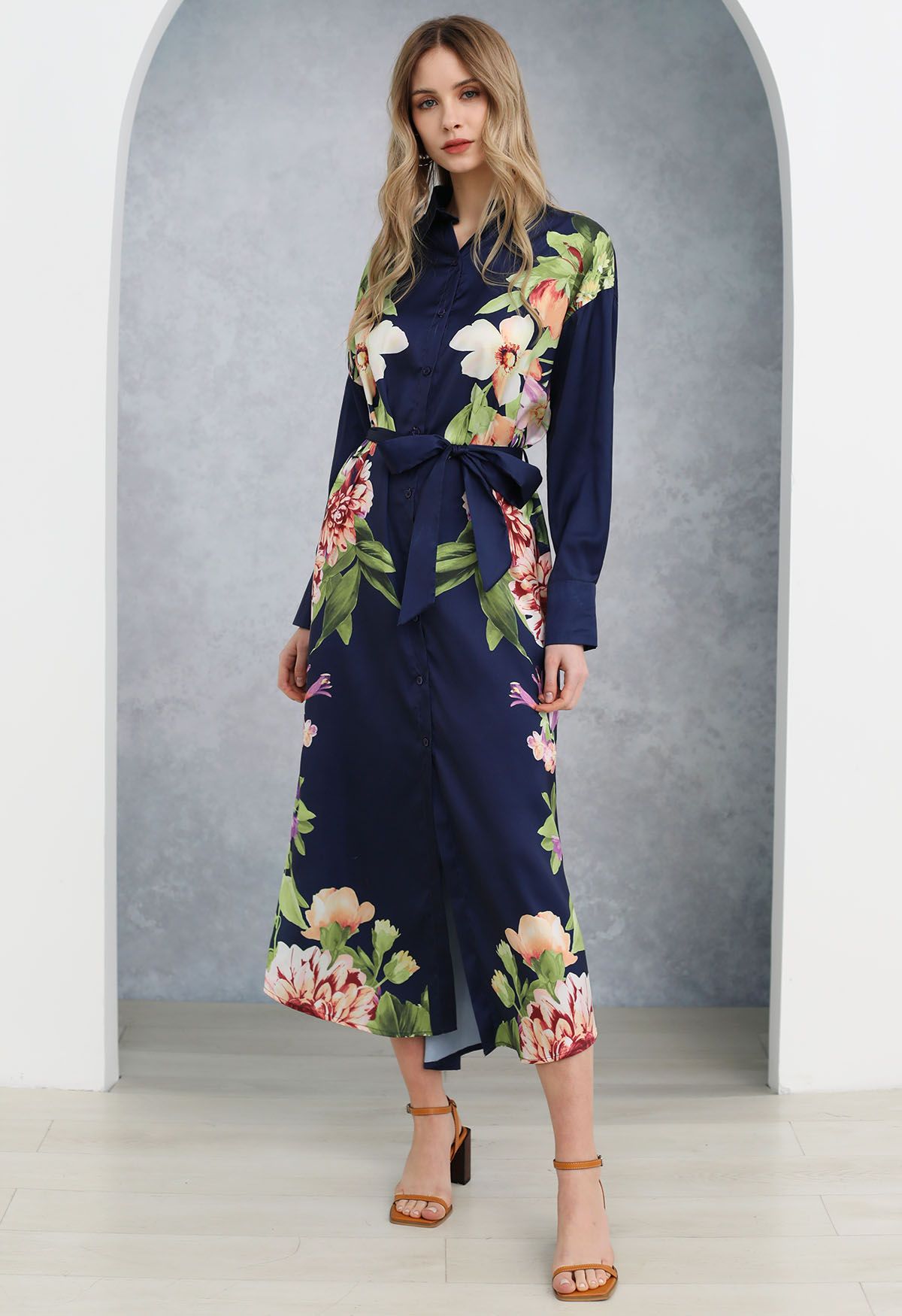 Enchanting Blossom Printed Shirt Dress in Navy