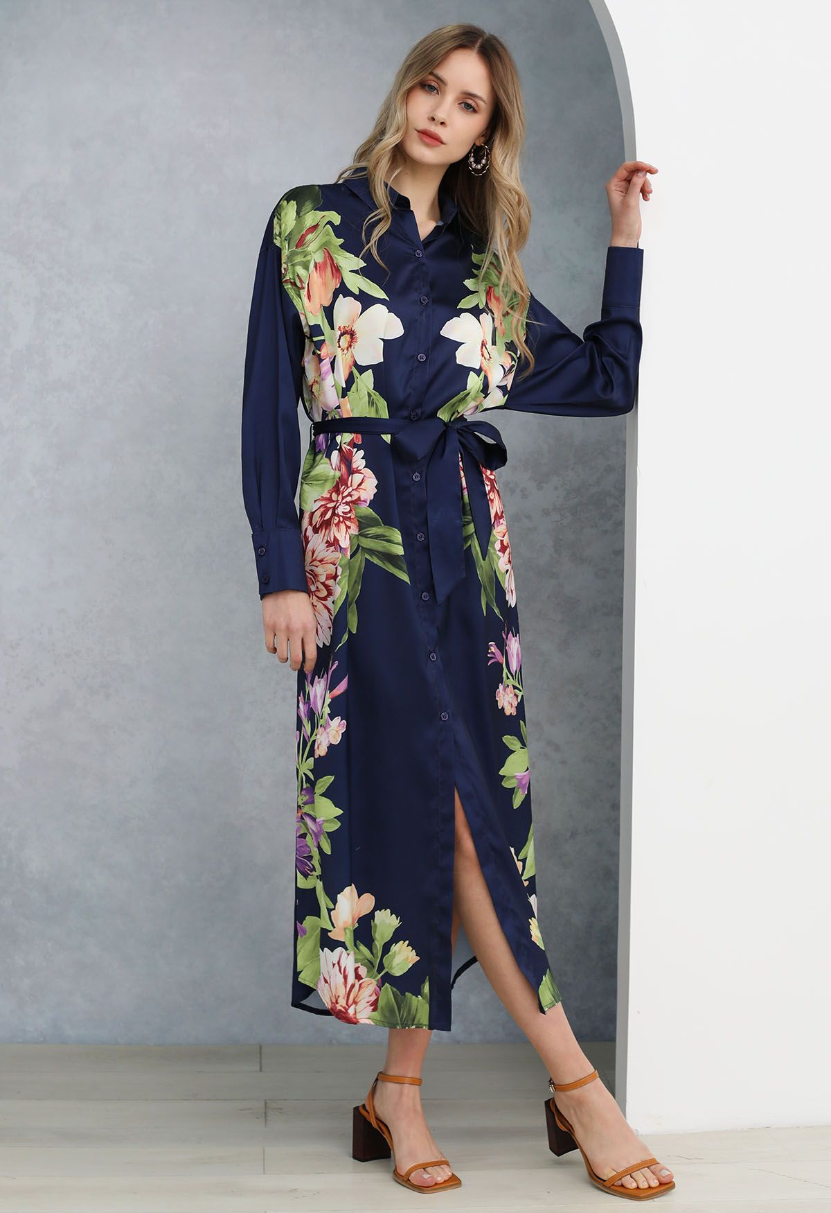 Enchanting Blossom Printed Shirt Dress in Navy