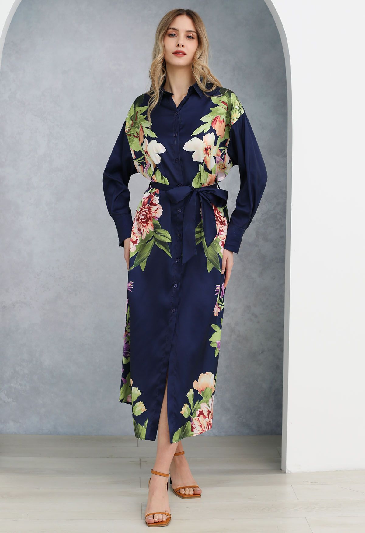 Enchanting Blossom Printed Shirt Dress in Navy