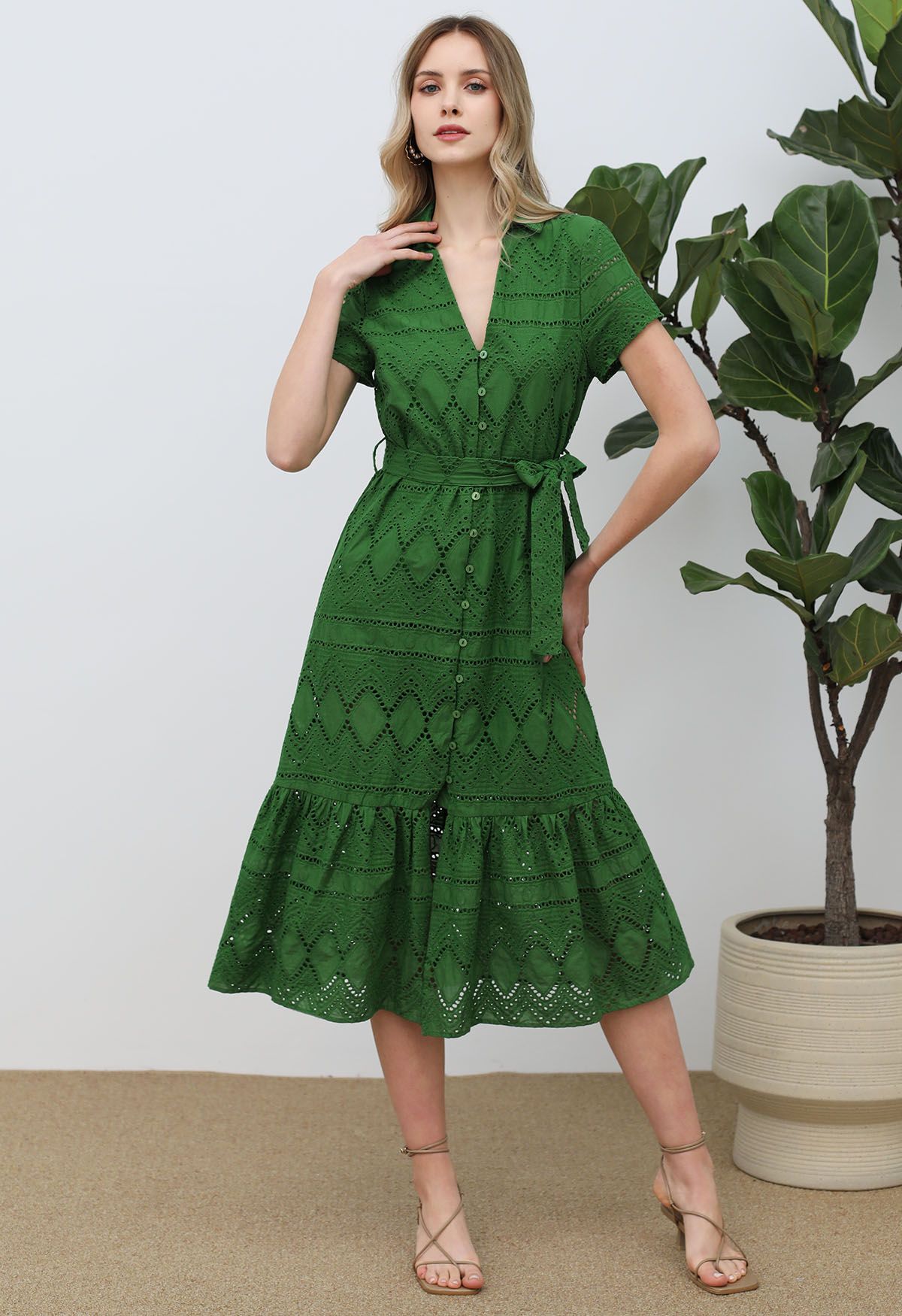 Greenery in Spring Embroidered Eyelet Frilling Dress